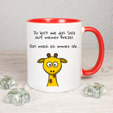 Tasse Weiß/Rot bedruckt mit Spruch: Du bist das Salz auf meiner Brezel. Das mach ich immer ab... - Motiv: Giraffe