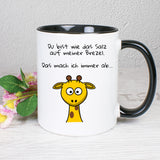 Tasse Weiß/Schwarz bedruckt mit Spruch: Du bist das Salz auf meiner Brezel. Das mach ich immer ab... - Motiv: Giraffe