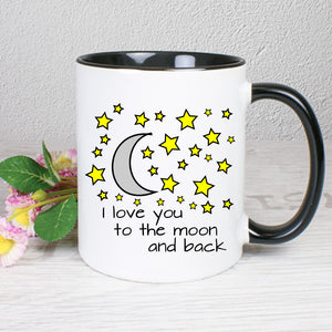 Tasse Weiß/Schwarz bedruckt mit Spruch: I love you to the moon and back mit Mond und Sternen