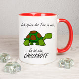 Tasse Weiß/Rot bedruckt mit Spruch: Ich spüre das Tier in mir es ist eine Chillkröte. - Motiv: Schildkröte