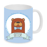 Tasse Weiß bedruckt mit Motiv: Otter im Kreis mit Fliege mit Wort Otter. Hintergrund Blau