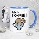 Tasse Faultier Spruch Ich brauch Kaffee Weiß-Blau