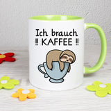 Tasse Faultier Spruch Ich brauch Kaffee Weiß-Grün