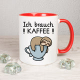 Tasse Faultier Spruch Ich brauch Kaffee Weiß-Rot