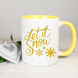 Tasse Weiß/Gelb bedruckt mit Spruch: Let it snow - Motiv: Schneeflocken - Farbe: Gelb