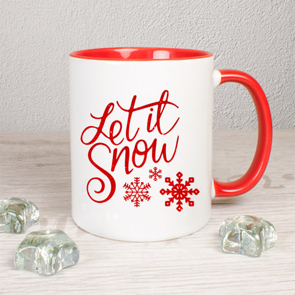 Tasse Weiß/Rot bedruckt mit Spruch: Let it snow - Motiv: Schneeflocken - Farbe: Rot