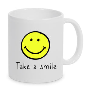 Tasse Weiß mit Smiley und Spruch bedruckt: Take a smile