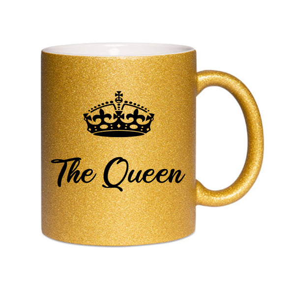 Glitzer Tasse gold bedruckt mit Krone und The Queen