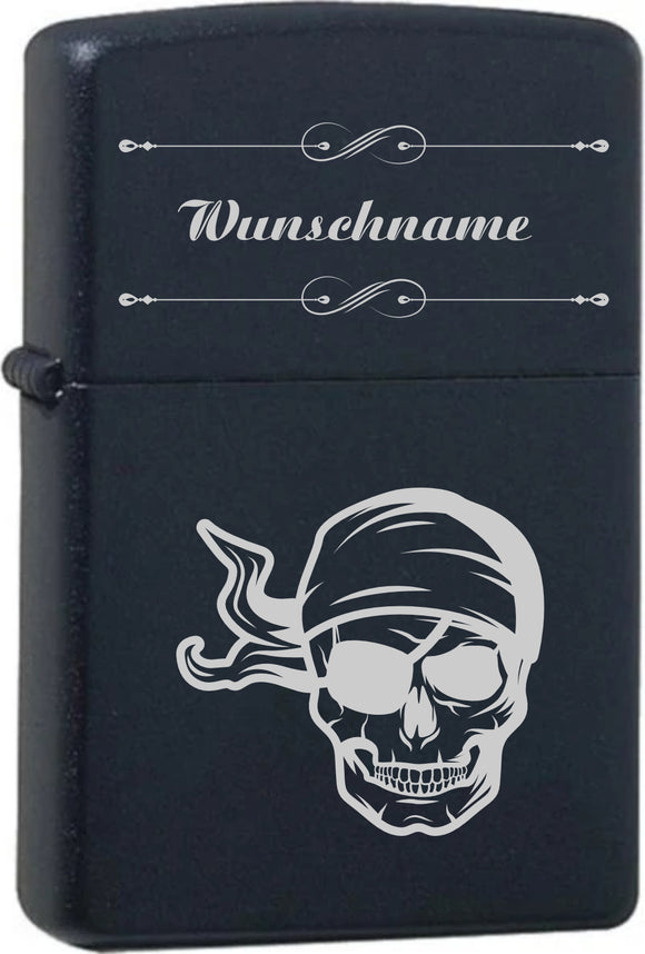 Original ZippoBlack Matte mit Chrome-Kern graviert mit Totenkopf und Wunschname  