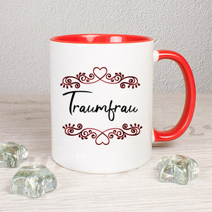 Traumfrau - weiße Tasse mit rotem Henkel und innen rot 