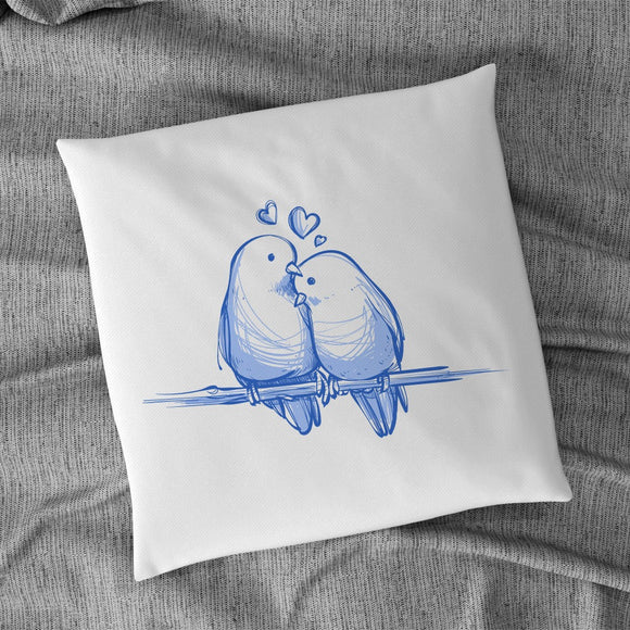 Kissen mit Füllung 40x40cm und Motiv Vogelpaar auf Ast mit 2 Herzchen blau 