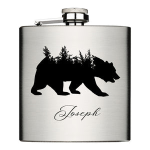 Wald Bär Wunschname personalisierter Edelstahl Flachmann 6oz mit Lasergravur