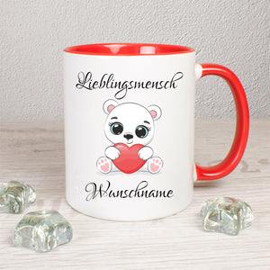 Lieblingsmensch wahlweise mit Wunschname - Eisbär mit Herz - Tasse personalisierbar