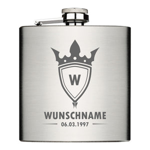 Wunschname + Datum mit Buchstabe - Wappen mit Krone - personalisierbarer Flachmann Chrome Brushed aus Edelstahl 6oz mit Lasergravur