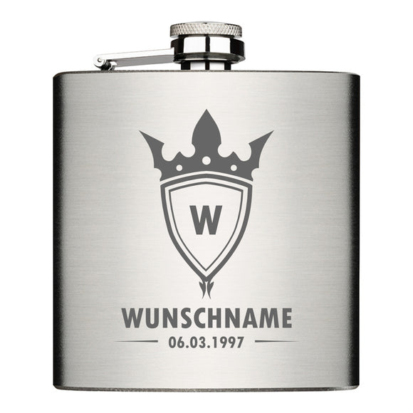 Wunschname + Datum mit Buchstabe - Wappen mit Krone - personalisierbarer Flachmann Chrome Brushed aus Edelstahl 6oz mit Lasergravur