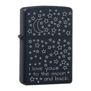 Zippo Black Matte mit Chrome-kern graviert mit Motiv: I love you to the moon and back + sterne Kontur