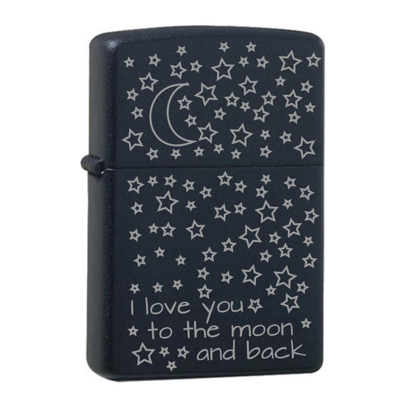 Zippo Black Matte mit Chrome-kern graviert mit Motiv: I love you to the moon and back + sterne Kontur