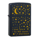 Zippo Black Matte mit Messing-kern graviert mit Motiv: I love you to the moon and back + sterne gefüllt