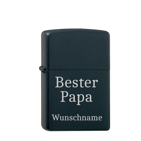 Bester Papa + Wunschname Original Zippo Black Matt mit Chrome-Kern