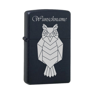Eule mit Wunschname Black Matte mit Chrome-Kern Original Zippo graviert
