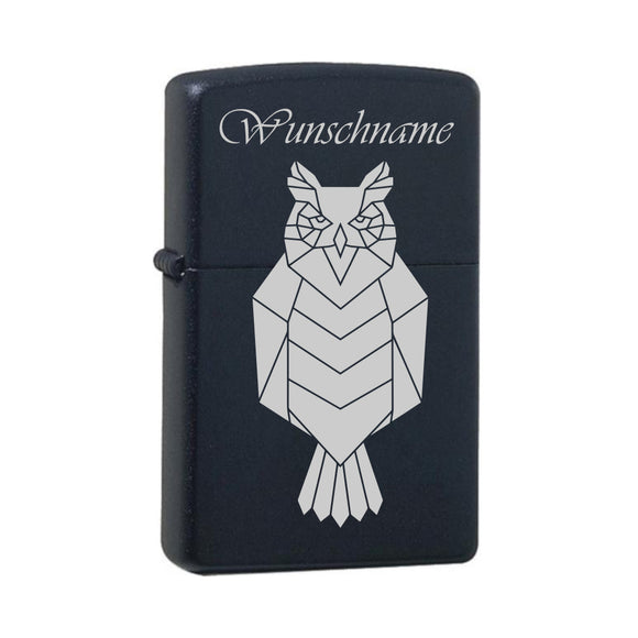 Eule mit Wunschname Black Matte mit Chrome-Kern Original Zippo graviert