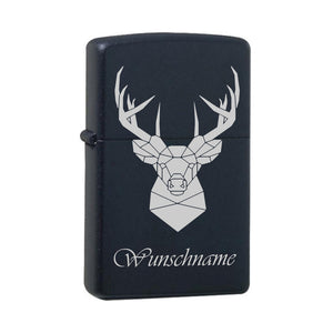 Hirsch mit Wunschname Black Matte mit Chrome-Kern Original Zippo graviert