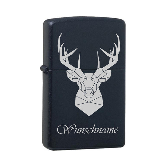 Hirsch mit Wunschname Black Matte mit Chrome-Kern Original Zippo graviert