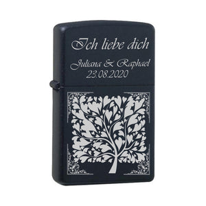 Ich liebe dich mit zwei Namen und Datum mit Herzbaum Black Matte mit Chrome-Kern Original Zippo graviert