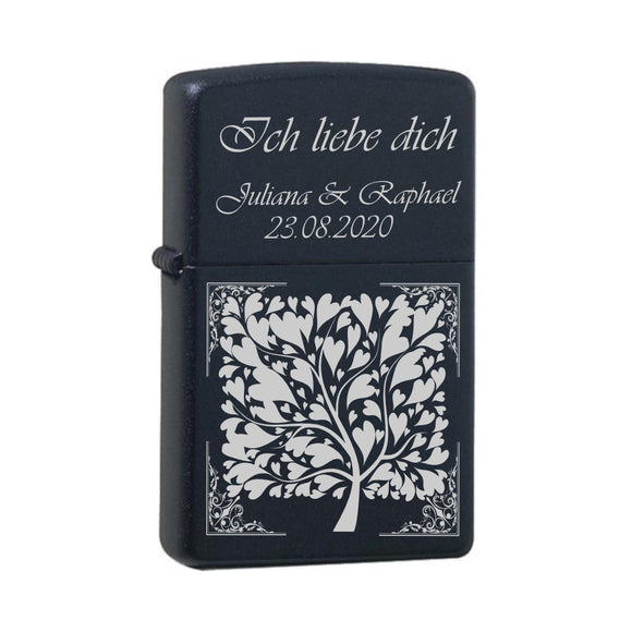 Ich liebe dich mit zwei Namen und Datum mit Herzbaum Black Matte mit Chrome-Kern Original Zippo graviert