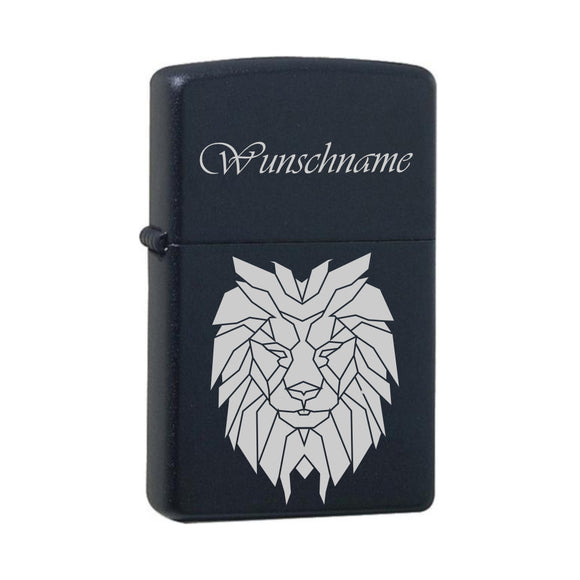 Löwe mit Wunschname Black Matte mit Chrome-Kern Original Zippo graviert