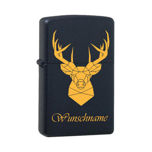 Hirsch mit Wunschname Black Matte mit Messing-Kern Original Zippo graviert