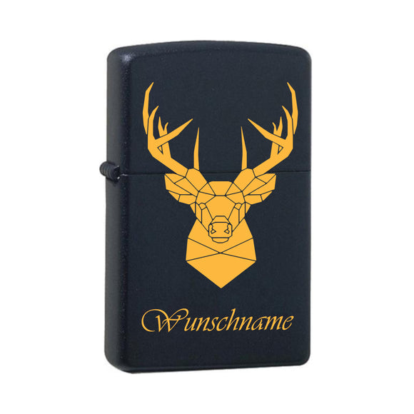 Hirsch mit Wunschname Black Matte mit Messing-Kern Original Zippo graviert