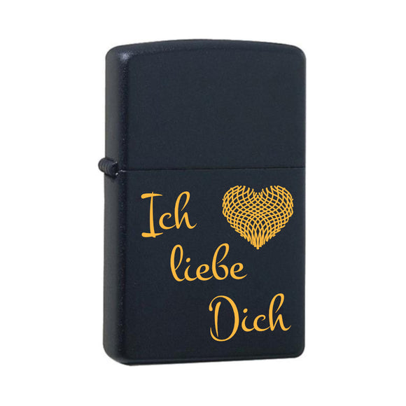Ich liebe dich mit Herzgitter Black Matte mit Messing-Kern Original Zippo graviert