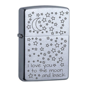 Zippo Chrome Brushed graviert mit Motiv: I love you to the moon and back + sterne Kontur