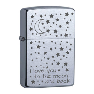 Zippo Chrome Brushed graviert mit Motiv: I love you to the moon and back + sterne gefüllt
