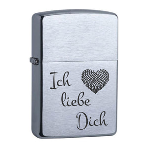 Zippo Chrome Brushed graviert mit Motiv: Ich liebe Dich + Herz