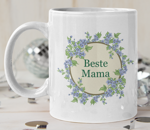 weisse Tasse mit Blumenkreis und Text Beste Mama