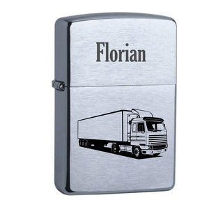 Zippo chrom gebürstet mit Lastwagen LKW + Vorname graviert