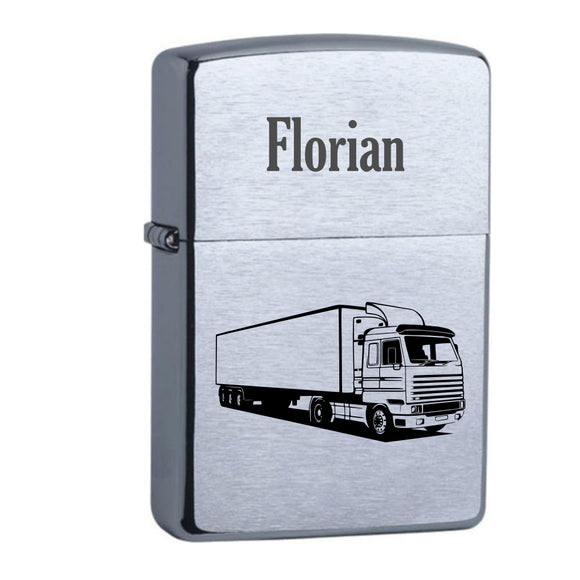 Zippo chrom gebürstet mit Lastwagen LKW + Vorname graviert