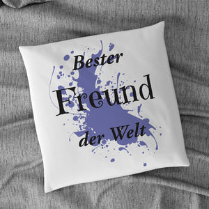 Satiniertes Kissen oder Kuschelkissen mit Reißverschluss bedruckt mit Motiv blau und Text bester Freund der Welt