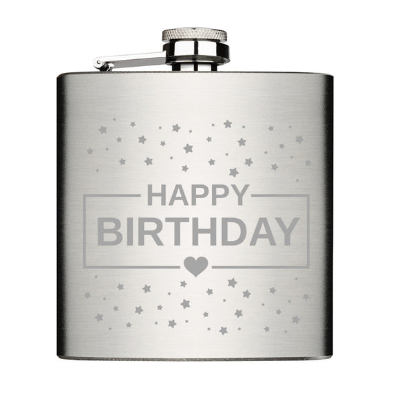 Flachmann Chrome Brushed aus Edelstahl 6oz mit Lasergravur graviert mit Motiv Sternchen und Herz und Text Happy Birthday