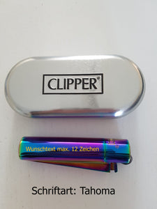 Clipper Rainbow Metall-Feuerzeug Icy mit Gravur in der Schriftart Brock Script