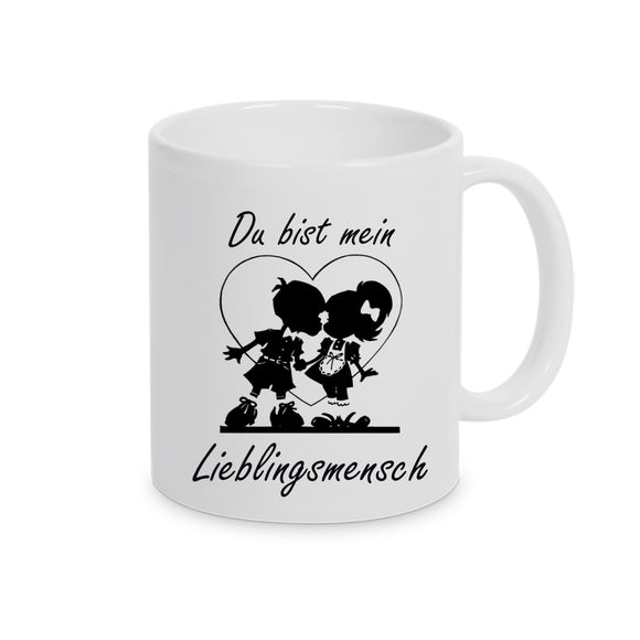 Tasse Weiß mit Motiv Lieblingsmensch im Trachtenlook bedruckt.