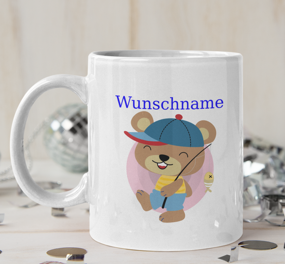 Tasse Bär fischen wahlweise aus Kunststoff oder Porzellan