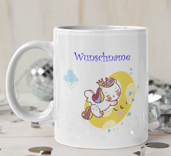 Einhorn schläft auf Mond - Tasse personalisiert