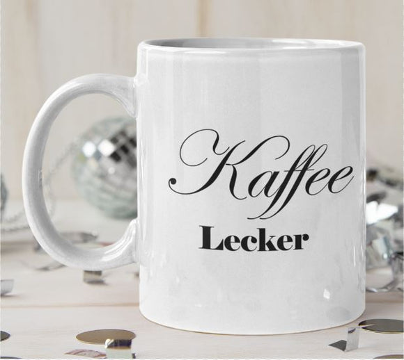 Tasse Weiß bedruckt mit Kaffee Lecker