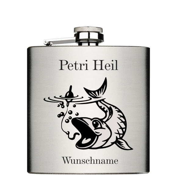 Petri Heil und Fisch an der Angel und Wunschname personalisierter Edelstahl Flachmann 6oz mit Lasergravur