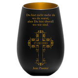 Du bist nicht mehr da wo du warst, aber Du bist überall wo wir sind + Motiv Kreuz  - Windlicht schwarz-gold mit Gravur personalisierbar mit Name und Datum