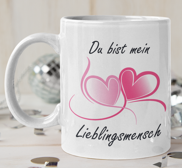 weisse Tasse mit Motiv - Du bist mein Lieblingsmensch und 2 Herzen