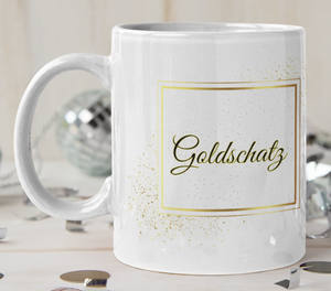 Tasse Gelb/Weiß mit Goldigem Rahmen und Glitzer - im Rahmen Goldschatz